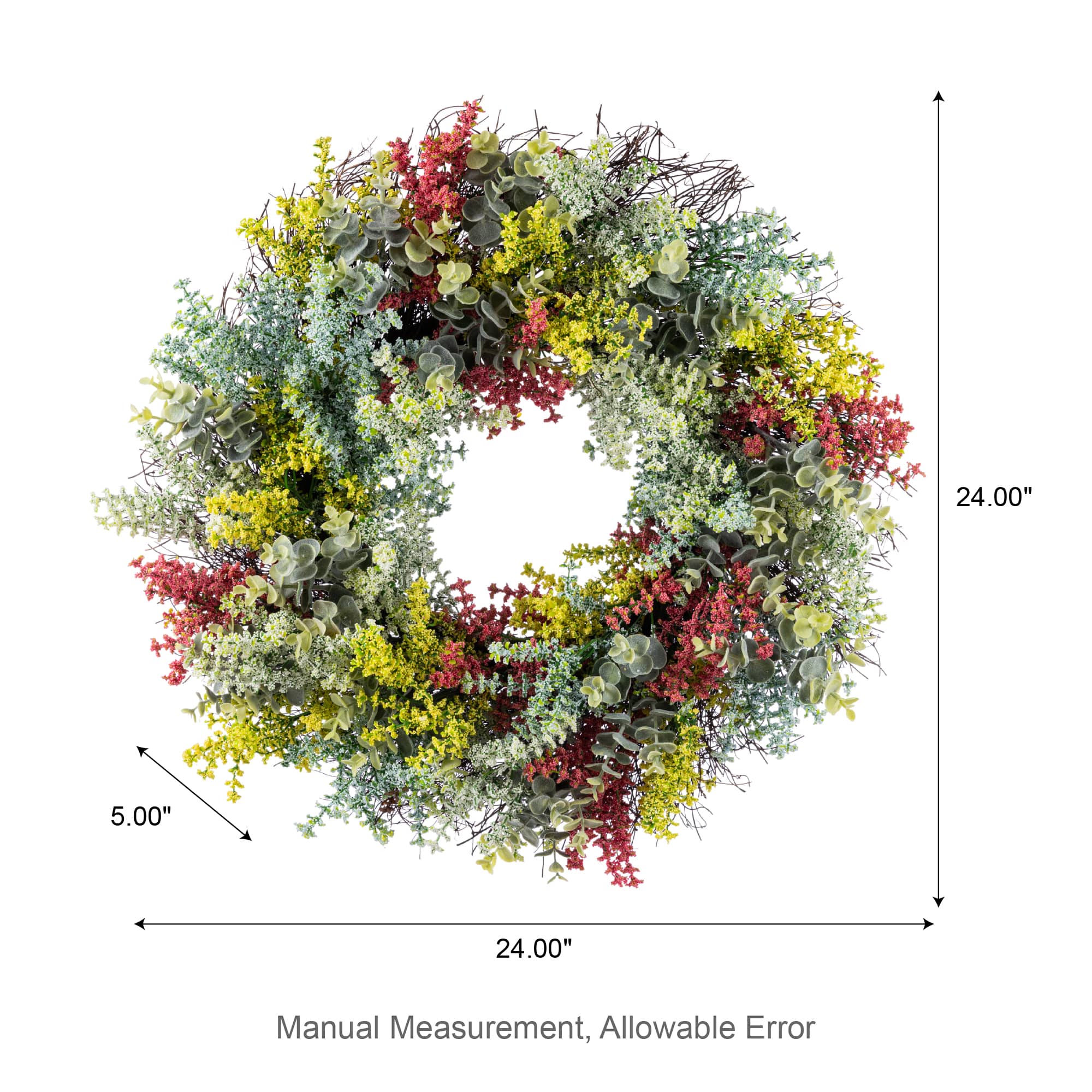 Glitzhome® 24" Mixed Floral Eucalyptus Wreath with Black Metal Hanger